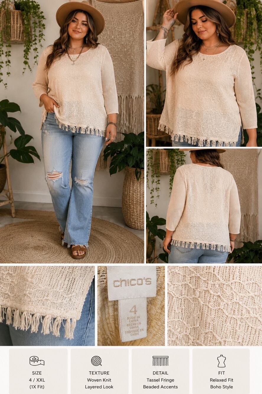 Chico’s Size 4 XXL 1X Ivory Fringe Knit Sweater Boho Textured Tassel Tunic Top